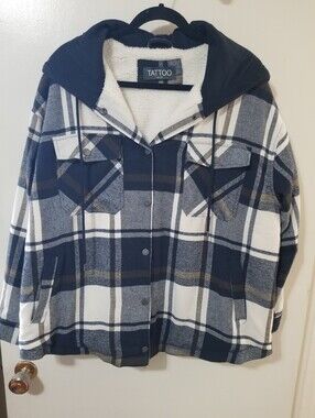 TATTOO Sherpa Lined Plaid Hooded Shacket Jacket XL